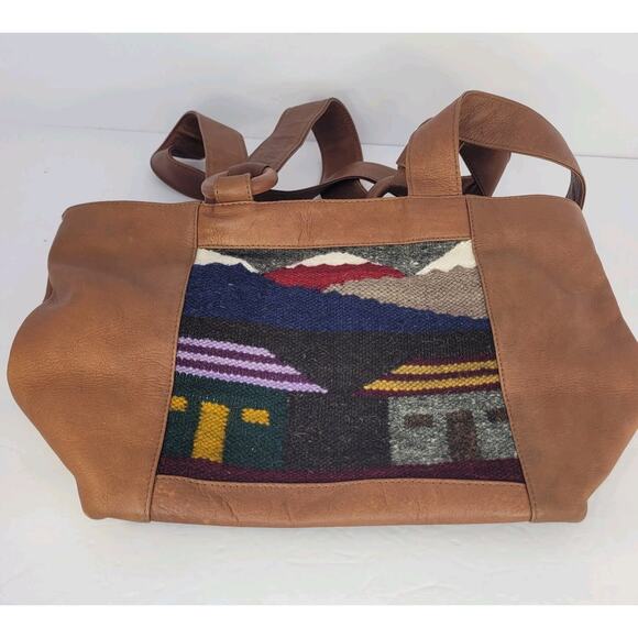 American Angel Colombian Leather Tote Bag Handwoven Tapestry Art Boho Southwest - Picture 4 of 15